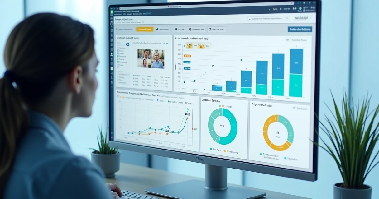 Interface de plataforma LMS com dashboard de aprendizado, gráficos e badges de gamificação