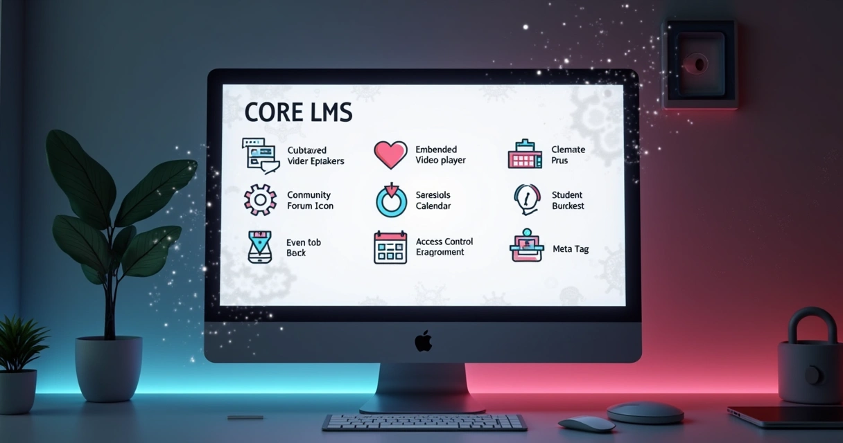 Lista de funcionalidades de uma plataforma LMS white label em tela de computador 