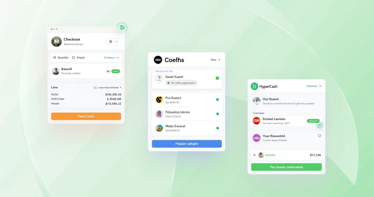Três painéis de checkout digital lado a lado 