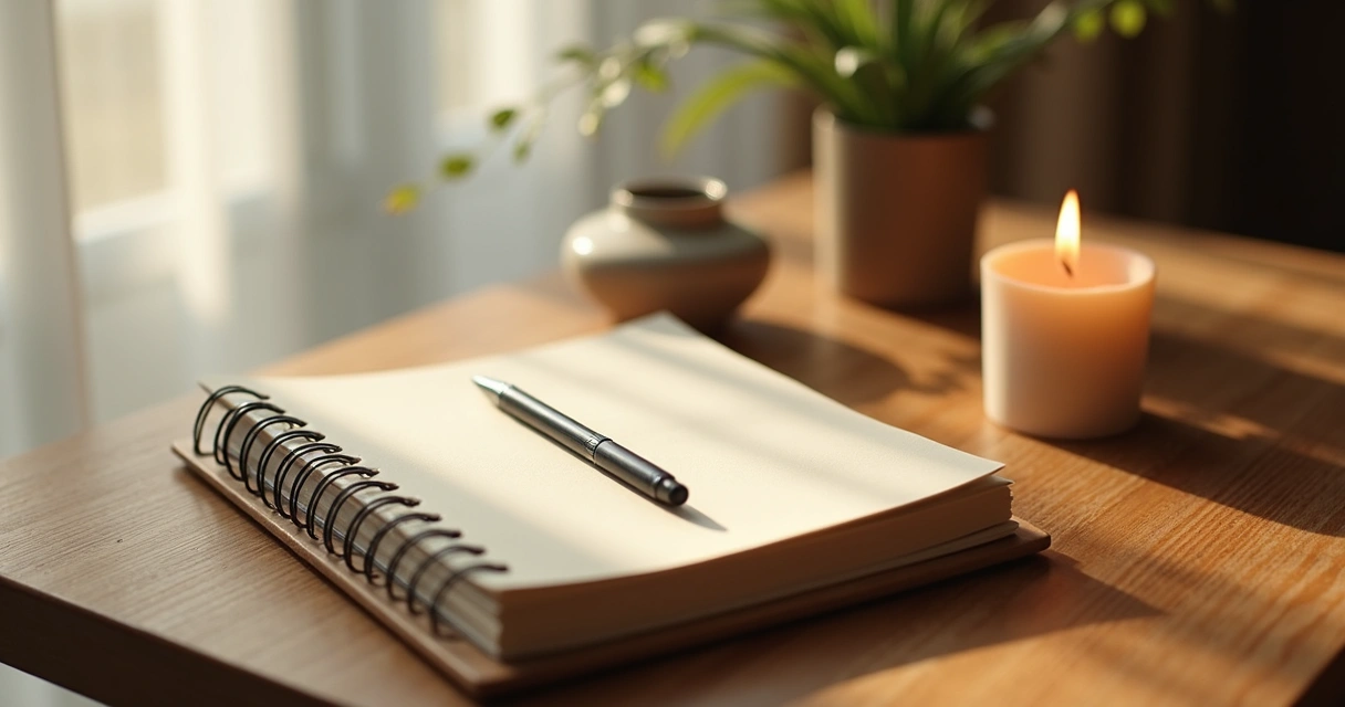 Mesa de trabalho com caderno, caneta e objetos de mindfulness 