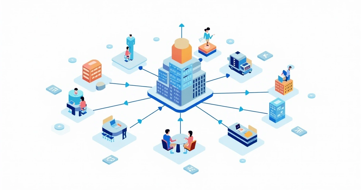 Vários ícones representando pessoas, equipamentos e salas num diagrama de projeto