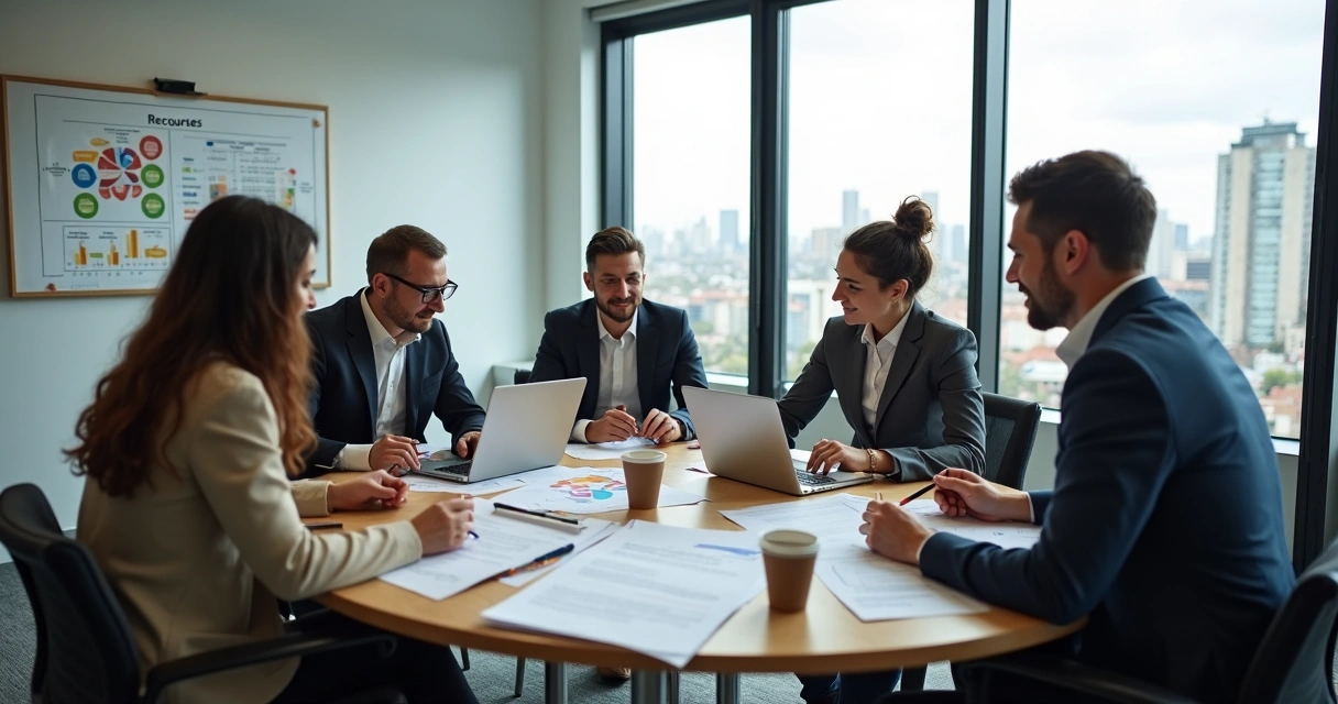 Reunião de equipe discutindo financiamento de projetos municipais
