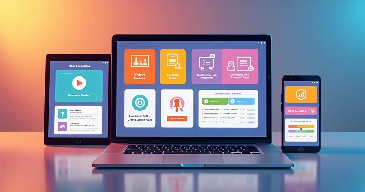 Tela de plataforma e-learning com diversos ícones de recursos 