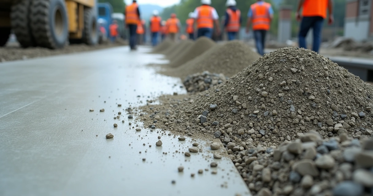 Crushed recycled concrete aggregate next to freshly poured concrete slab 