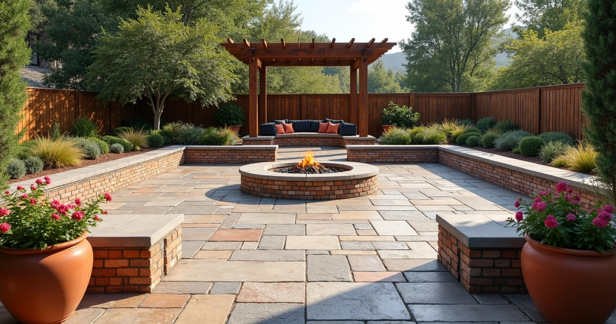 Recycled stone patio with terracotta pots 