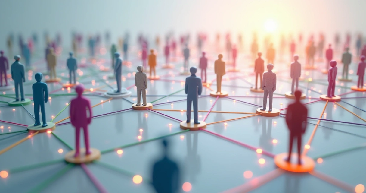 Red de personas unidas por líneas coloridas representando valores compartidos 