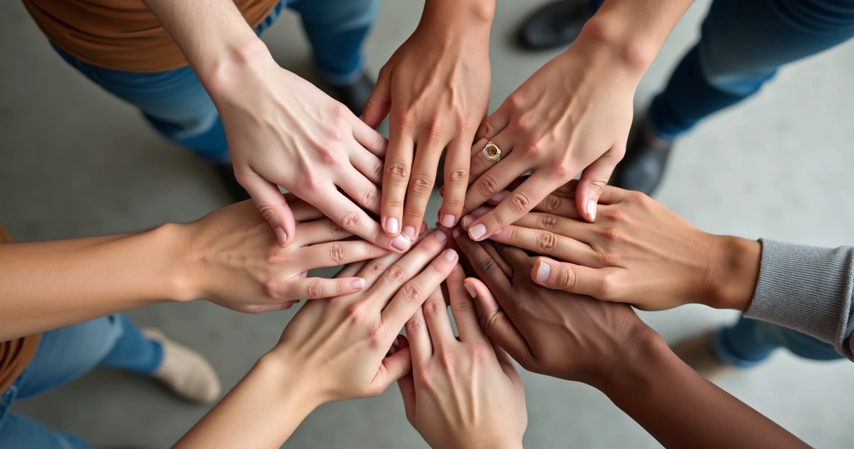 Manos formando una red de apoyo entre varias personas 