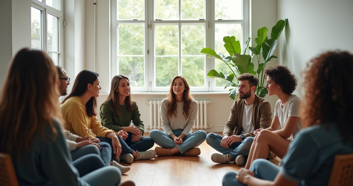 Grupo de personas sentadas conversando en apoyo emocional 