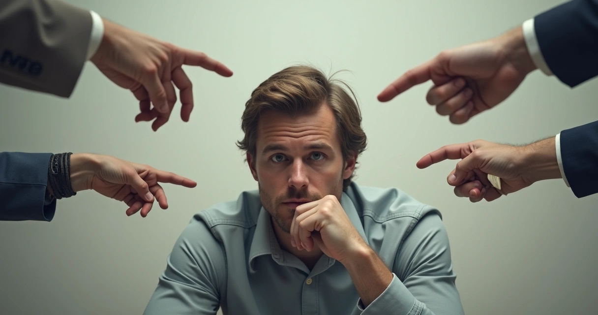 Varias manos señalando a una persona sentada y pensativa