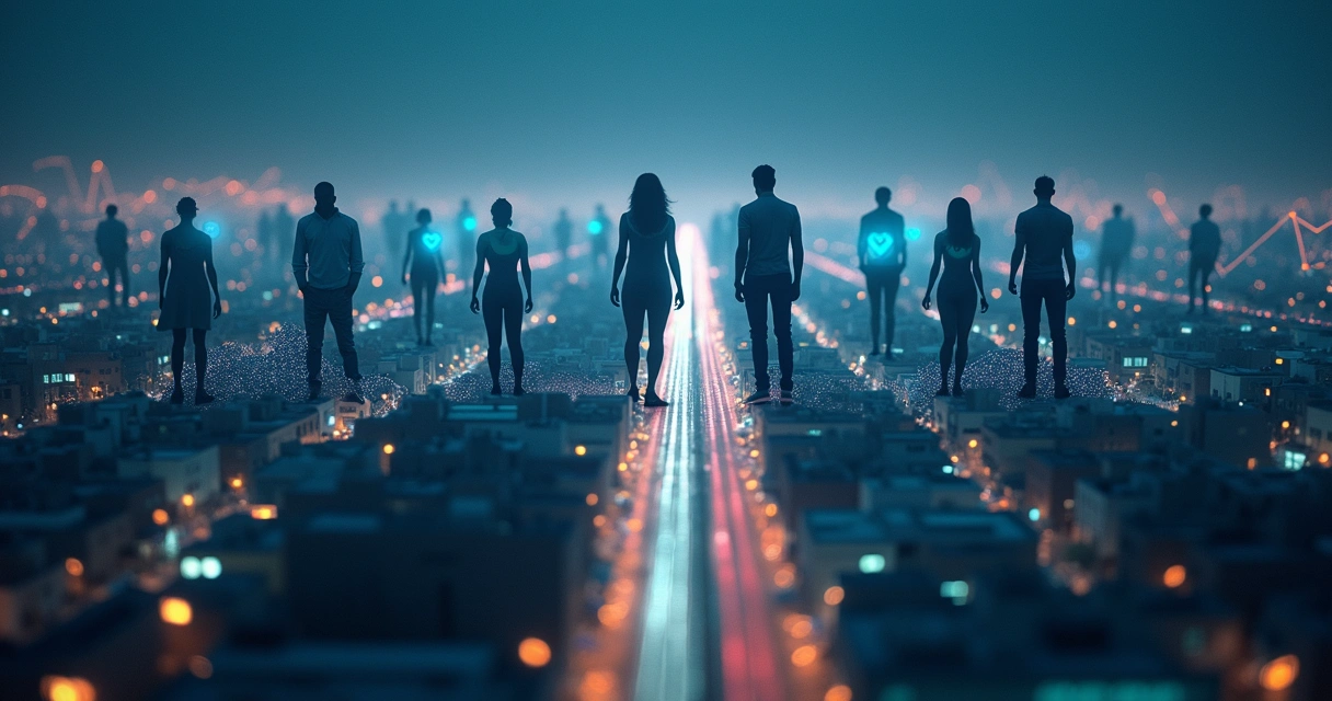 Red luminosa que conecta siluetas humanas sobre una ciudad vista desde arriba 