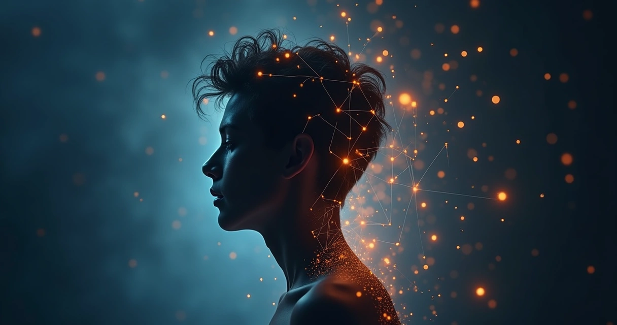 Red visual con silueta humana y conexiones de pensamiento y emoción