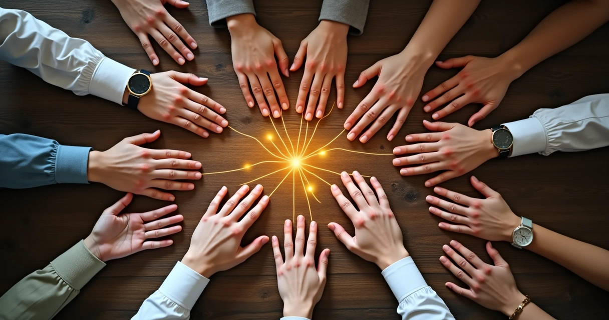 Red de conexiones entre personas en tonos claros y cálidos 