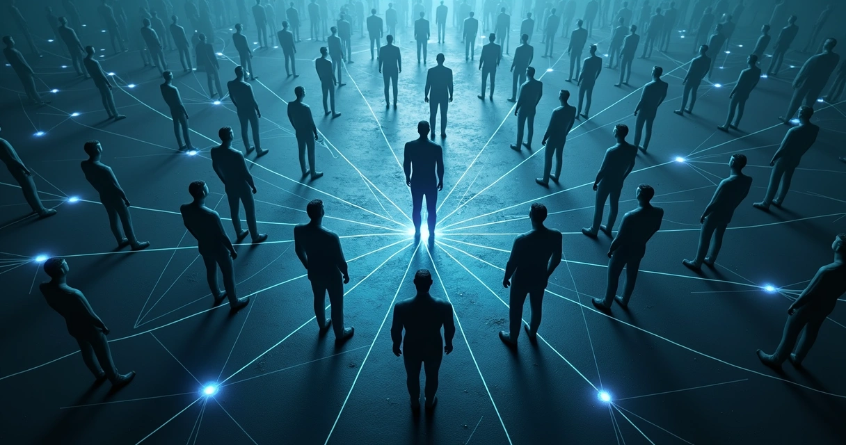 Red de siluetas humanas conectadas por líneas luminosas 