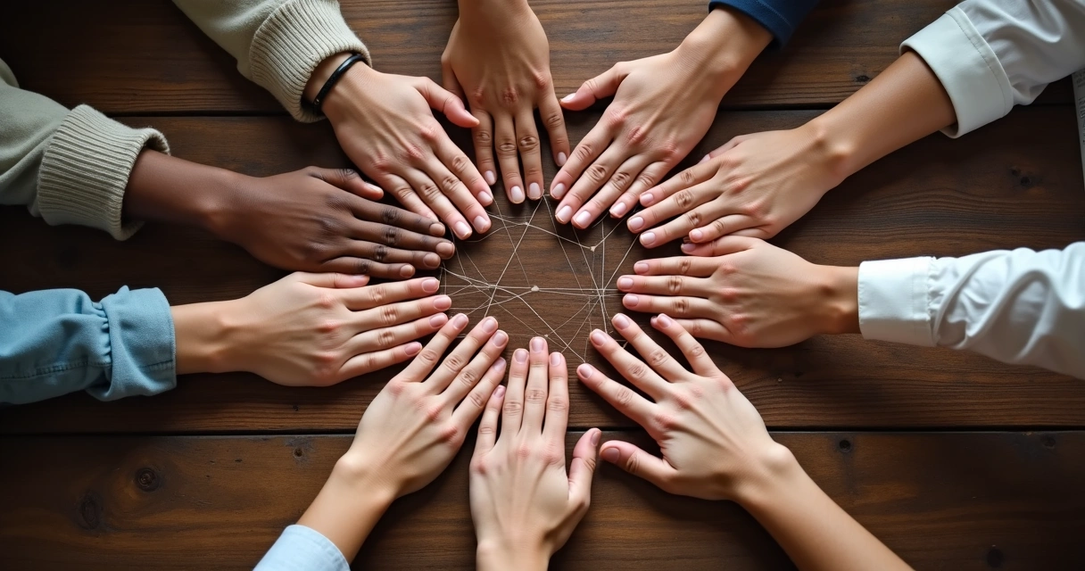 Red de manos unidas formando una constelación 