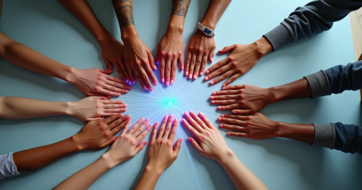 Manos conectadas por hilos de colores formando una red sobre una mesa 