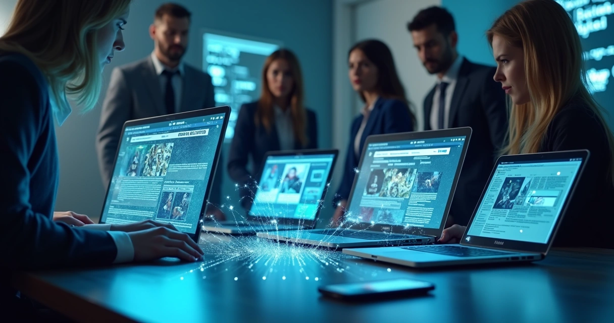 Pantallas de dispositivos mostrando diferentes noticias y una red de conexiones digitales