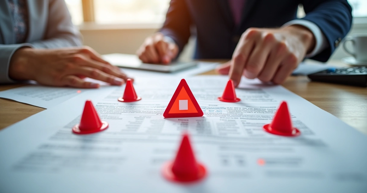 Símbolos de alerta vermelhos próximos a documentos empresariais sobre uma mesa 