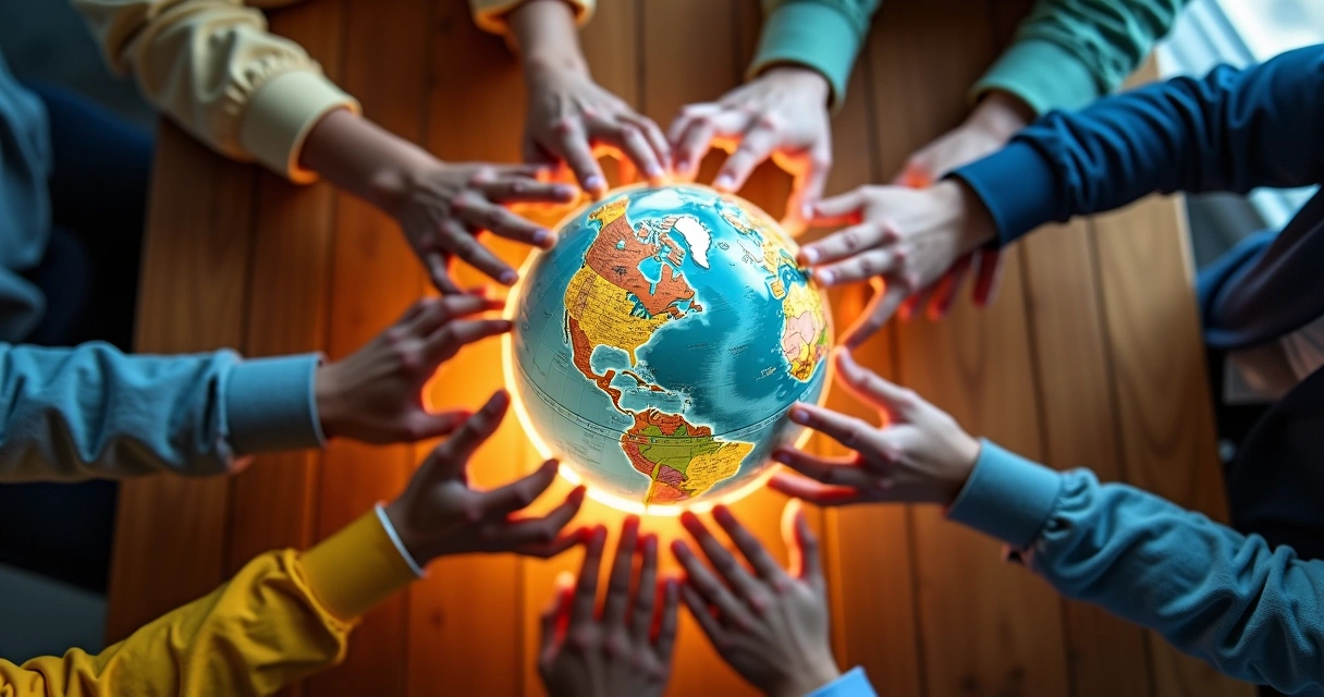 Red de manos conectadas rodeando un globo terráqueo luminoso 