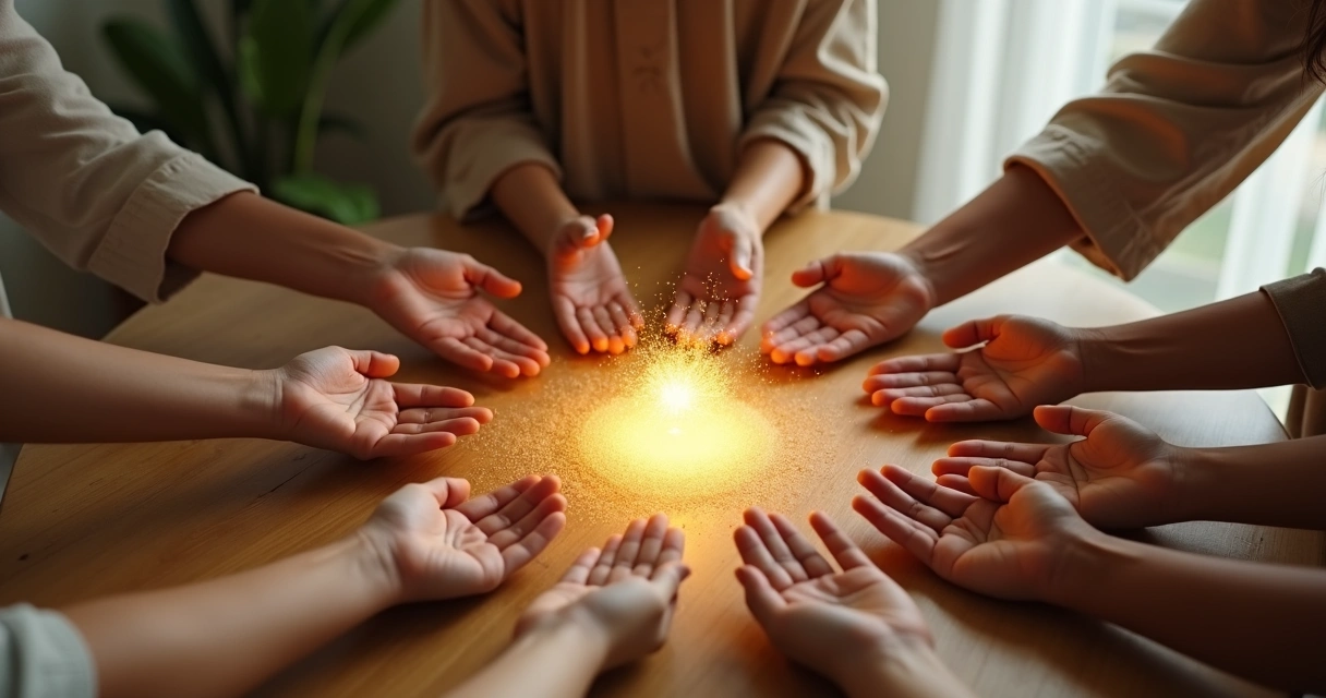 Manos formando un círculo con una luz cálida que se expande al centro 