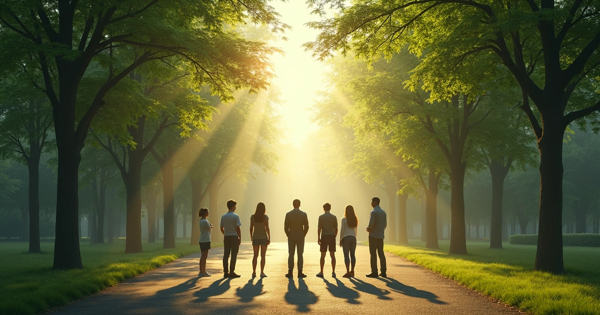 Varias personas en un cruce de caminos tomados diferentes direcciones bajo árboles verdes.