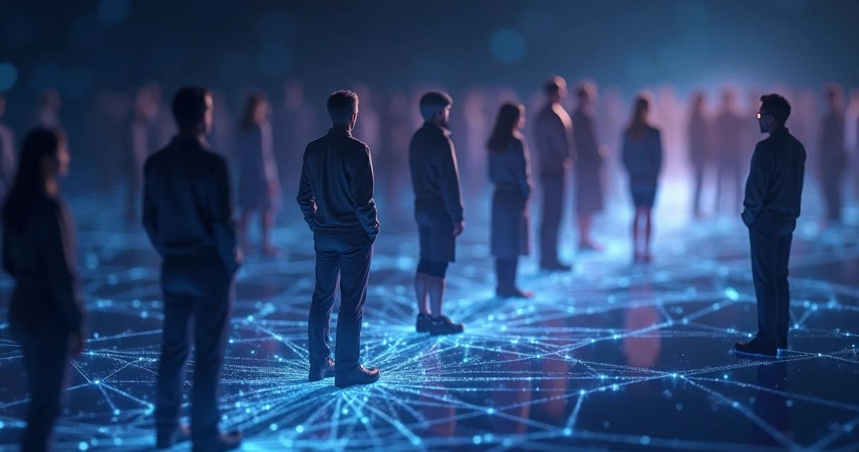 Personas conectadas en red con líneas luminosas