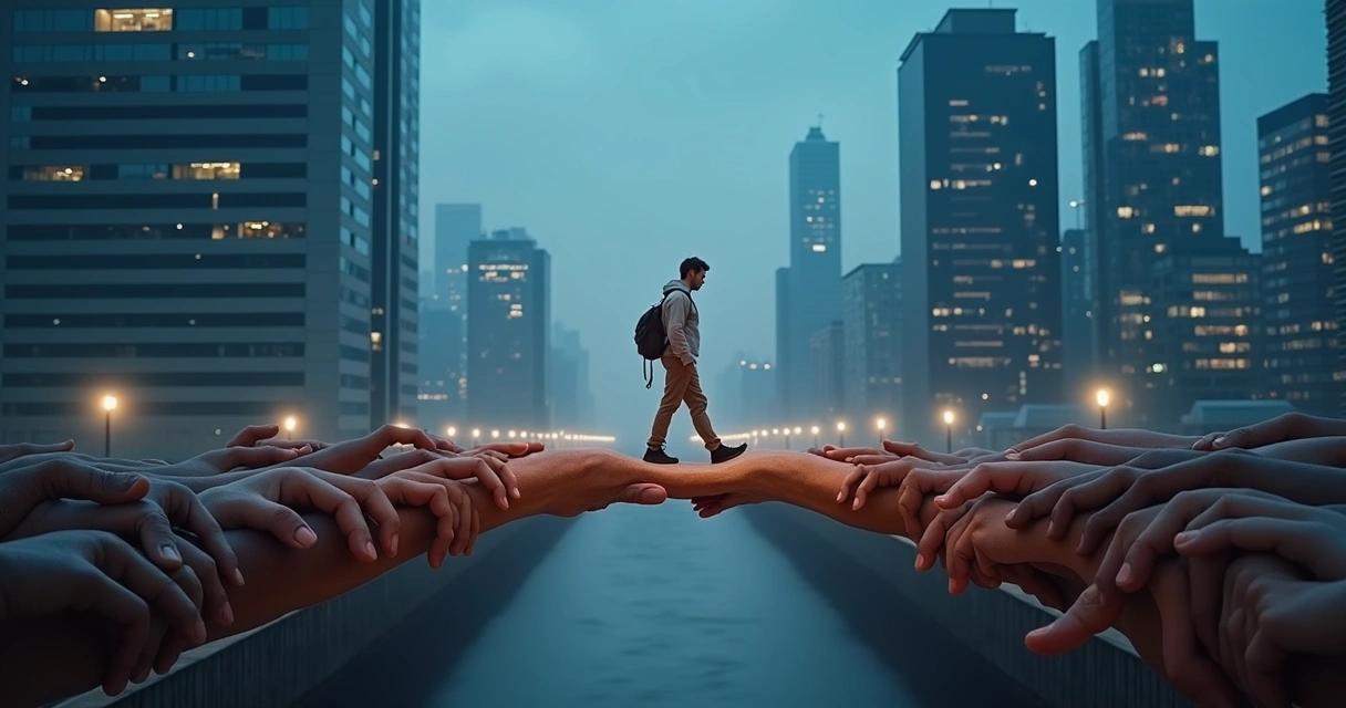 Persona en puente formado por manos unidas entre edificios nocturnos 