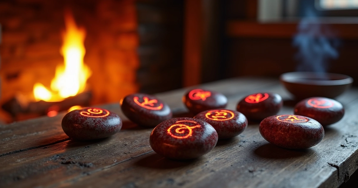 Red rune stones glowing by firelight on wood table 