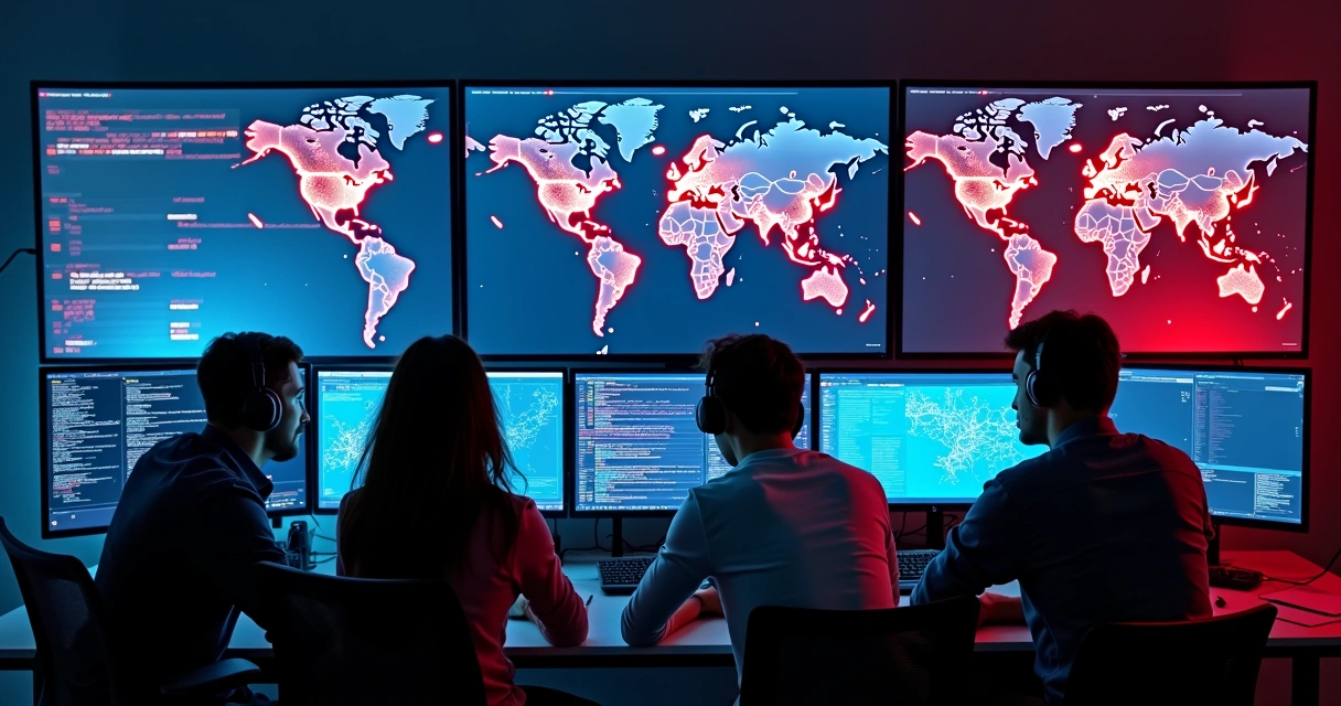 Profissionais de segurança em sala escura monitorando simulação de ataque cibernético em múltiplos monitores 