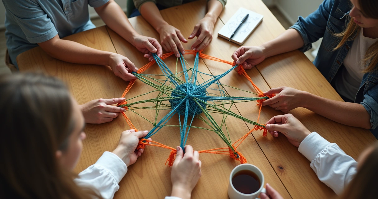 Grupo de personas uniendo cuerdas de colores en una red central 