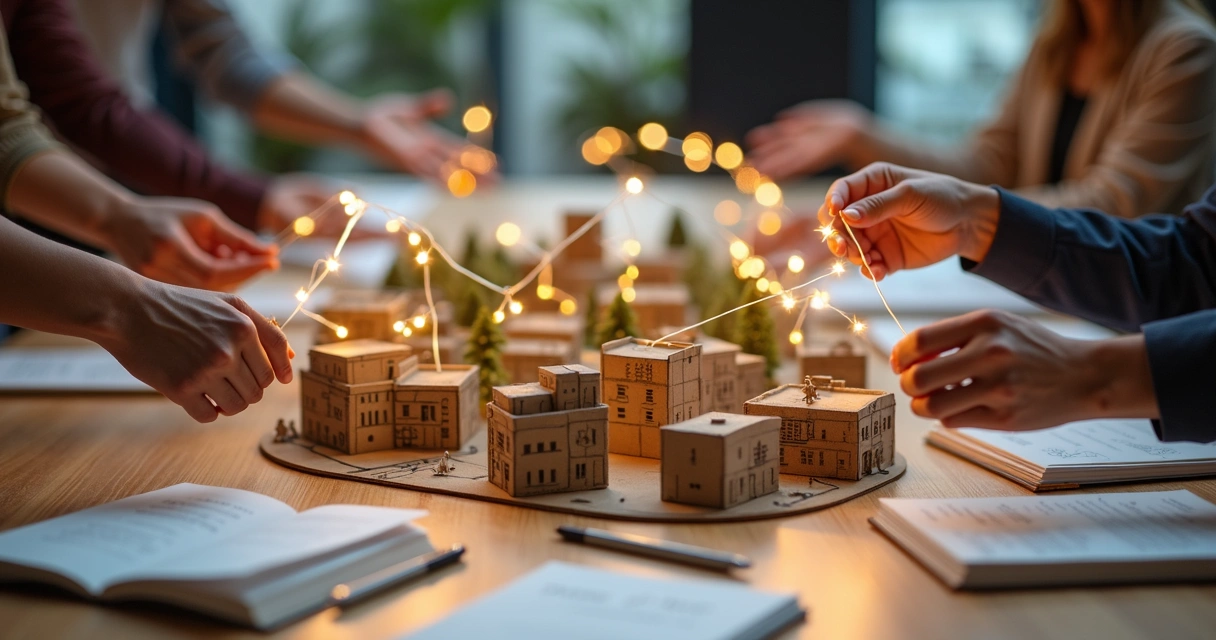 Manos conectando hilos luminosos sobre maqueta de barrio 
