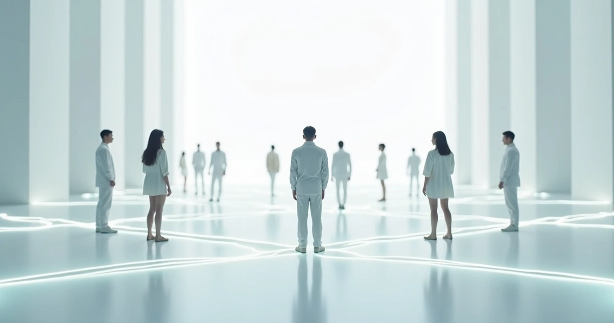 Esquema visual de personas conectadas en una red con líneas claras y equilibrio 