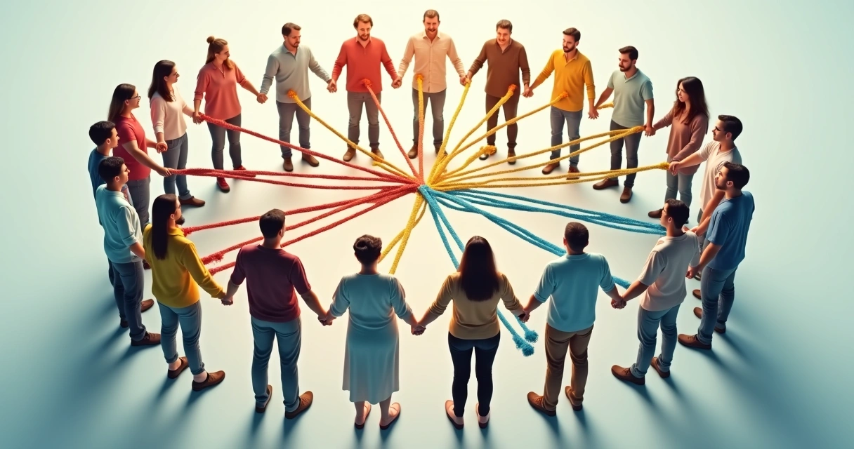 Grupo de personas diversas unidas por hilos de colores, formando una red de conexiones en fondo claro