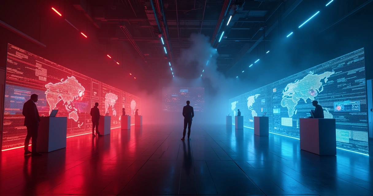 Red and blue cybersecurity teams facing off in a digital arena 