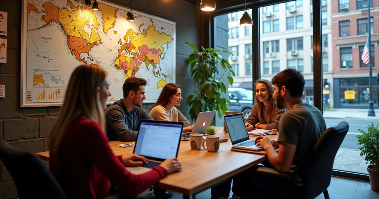 Equipe escrevendo em notebooks com elementos que indicam localização regional, como mapas e placas de cidade 