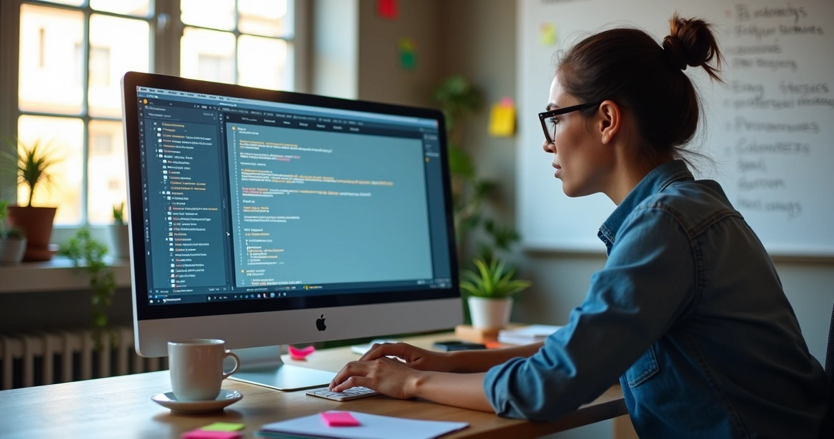 Profissional de marketing usando computador com interface de IA para escrita de conteúdo