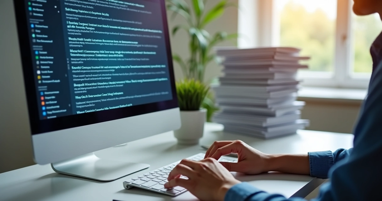 Pessoa digitando texto raso em computador moderno 