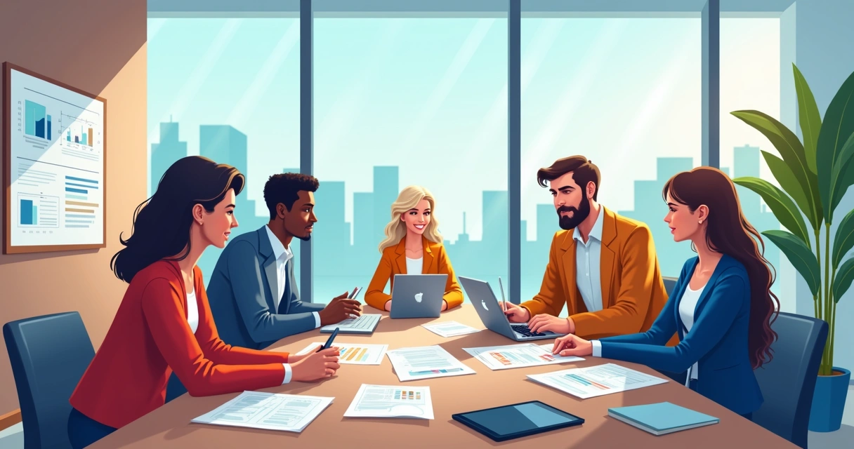 Equipe reunida em torno de uma mesa discutindo ideias e textos 