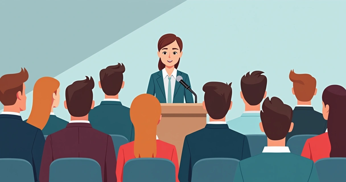 Pódio com microfone e pessoas no auditório assistindo ao discurso