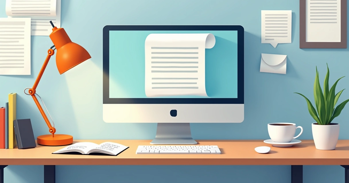 Mesa com computador, bloco de notas e xícara de café 