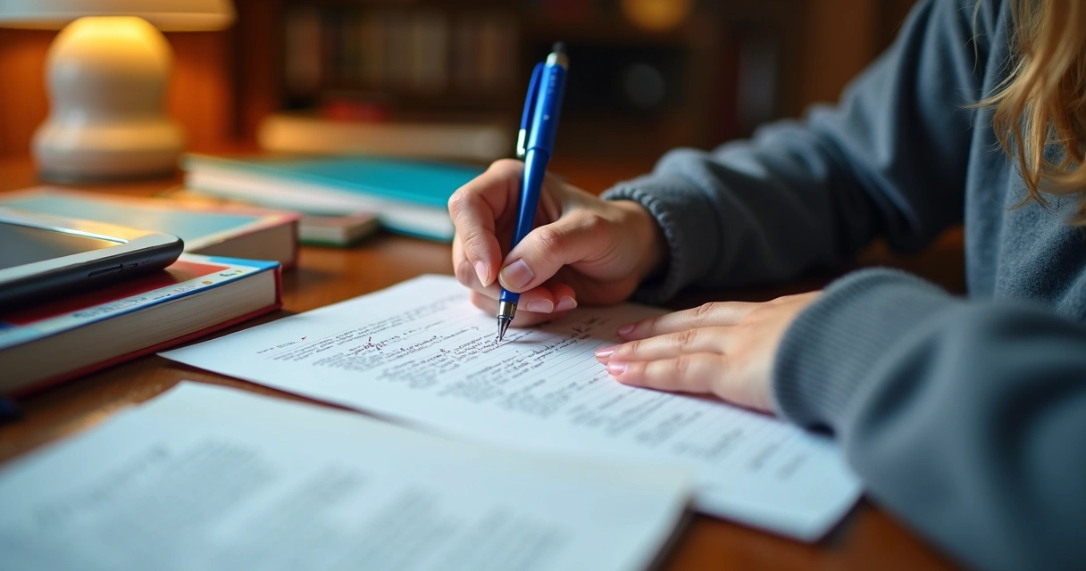 Mão escrevendo redação em folha pautada com caneta azul 