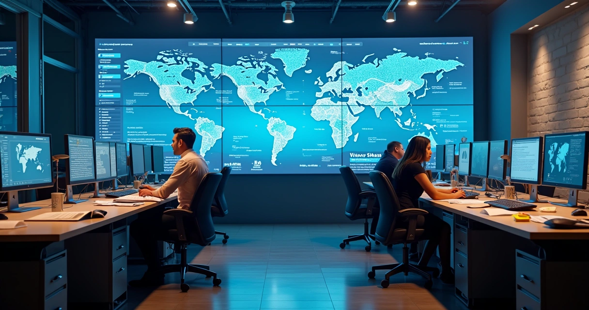 Equipe de jornalistas trabalhando em redação com computadores e gráficos de visitas na parede 