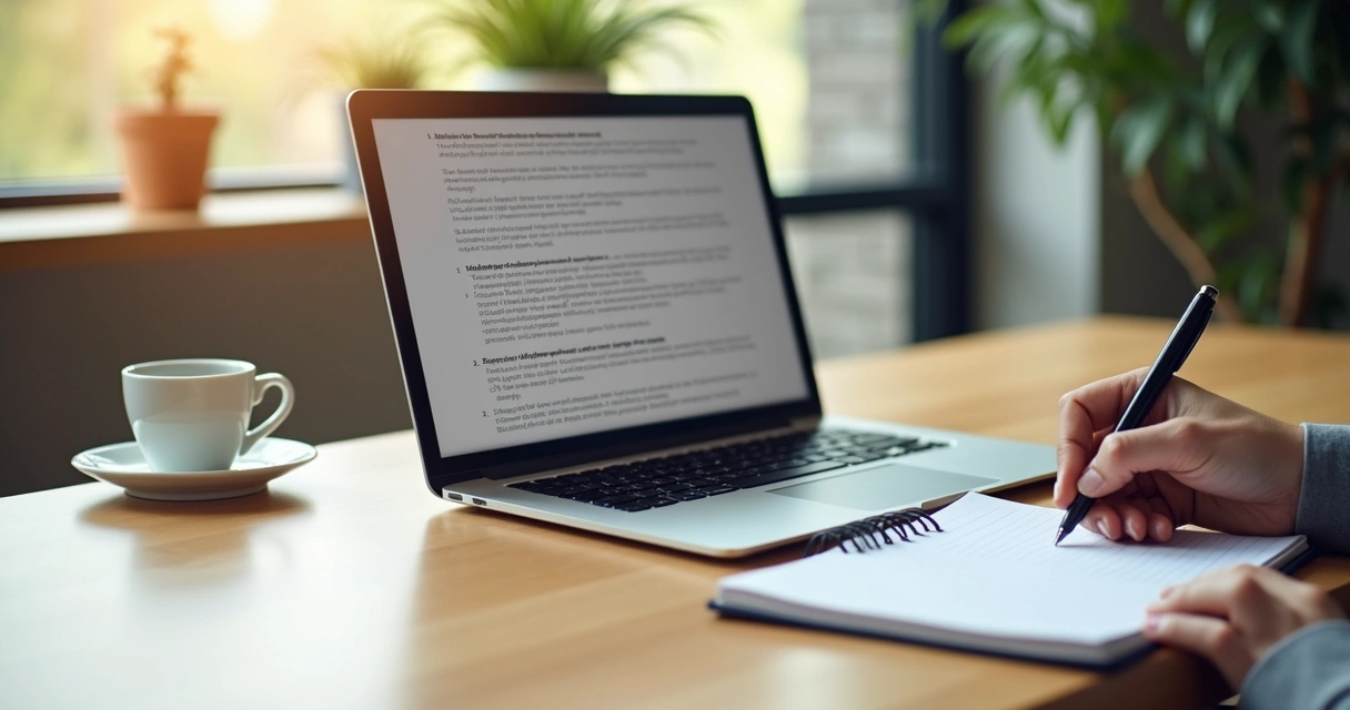 Mesa com notebook, caderno e mão segurando caneta, simulando escrita de texto