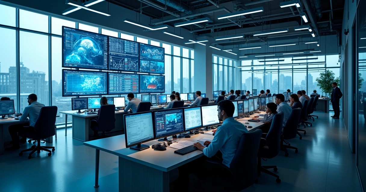 Redação de meio de comunicação sobre tecnologia, com computadores e telas de gráficos de dados 