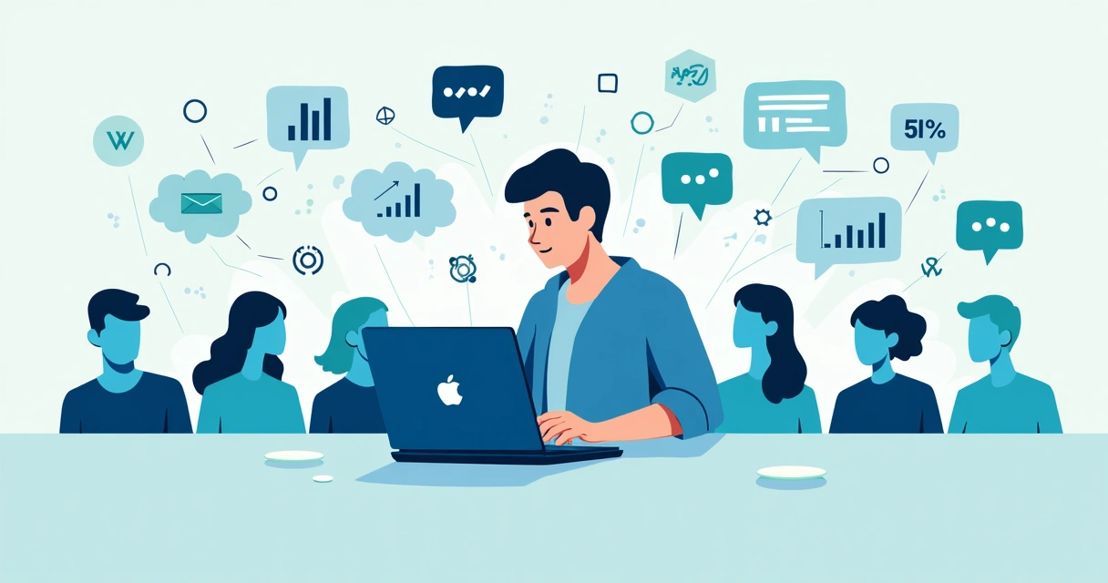 Pessoa digitando em notebook com gráficos de engajamento ao fundo