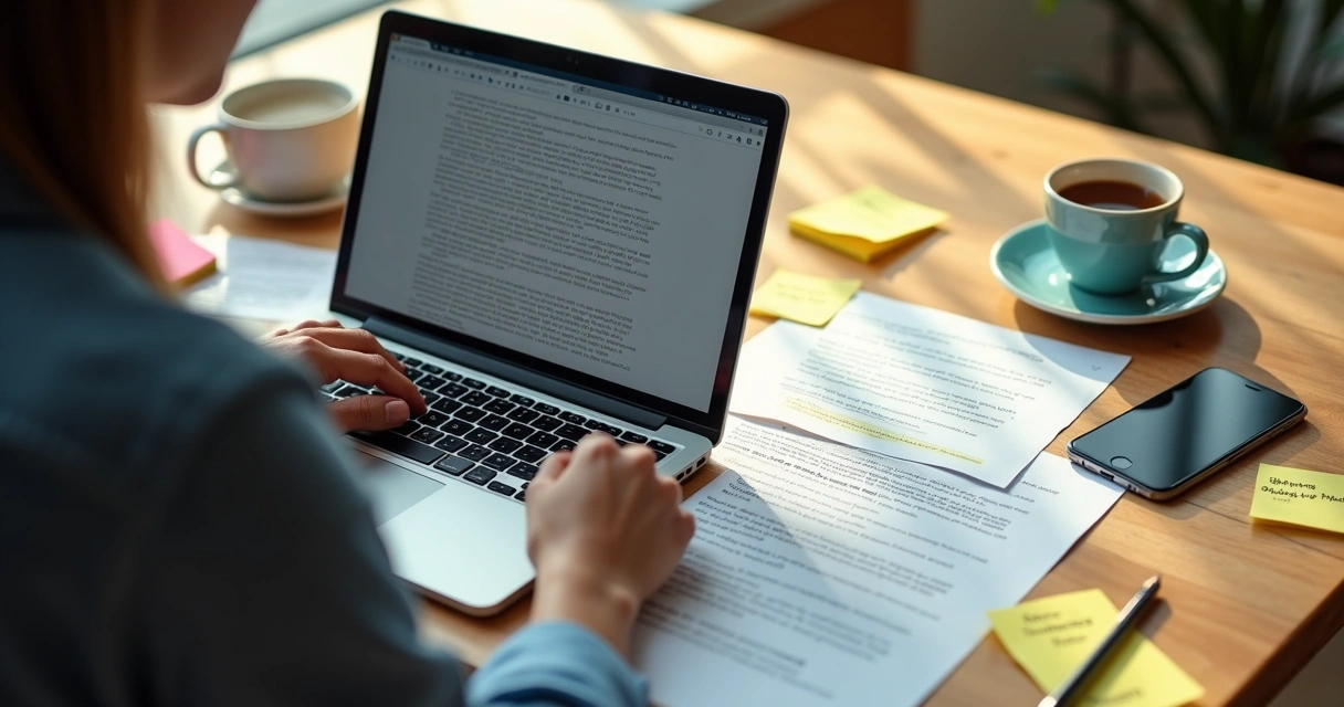 Redator escrevendo em notebook, material de vendas na mesa 