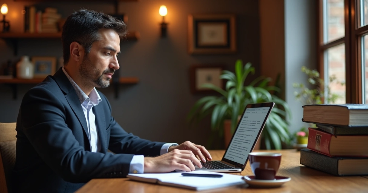 Redator com formação jurídica revisando artigo em notebook com livros de direito ao lado 