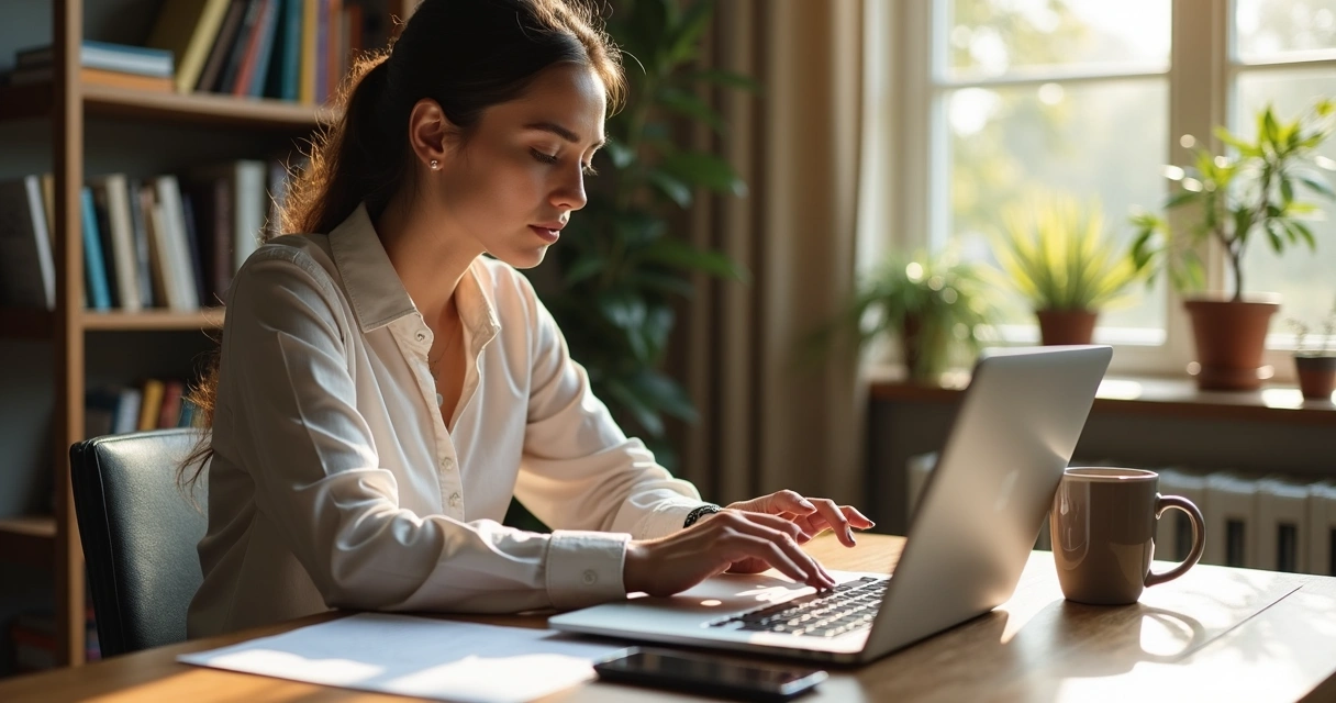 Redatora organizando texto em notebook 