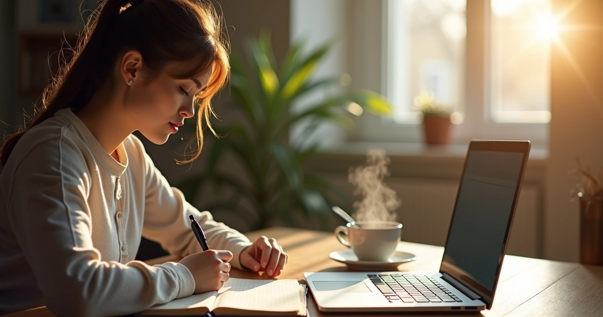 Pessoa digitando em notebook com xícara de café e bloco de anotações 