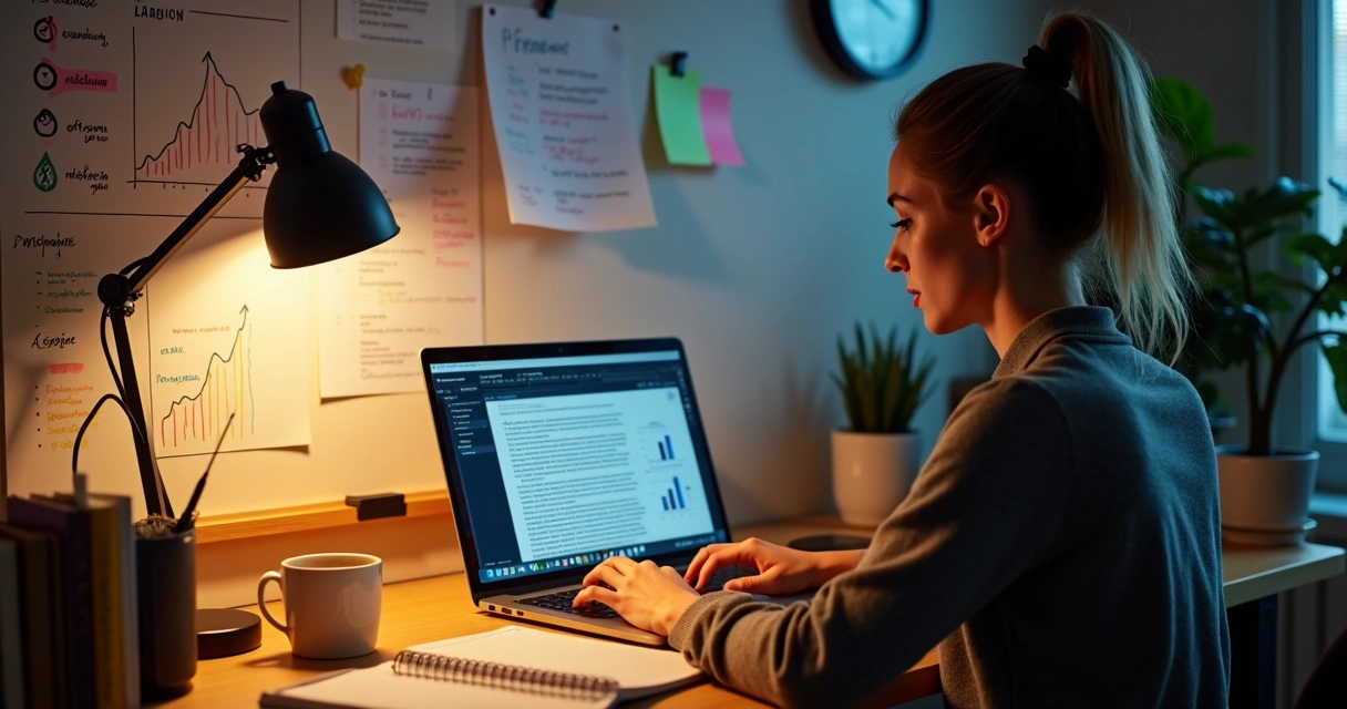 Redatora freelancer em home office cercada por gráficos de renda e anotações de planejamento 