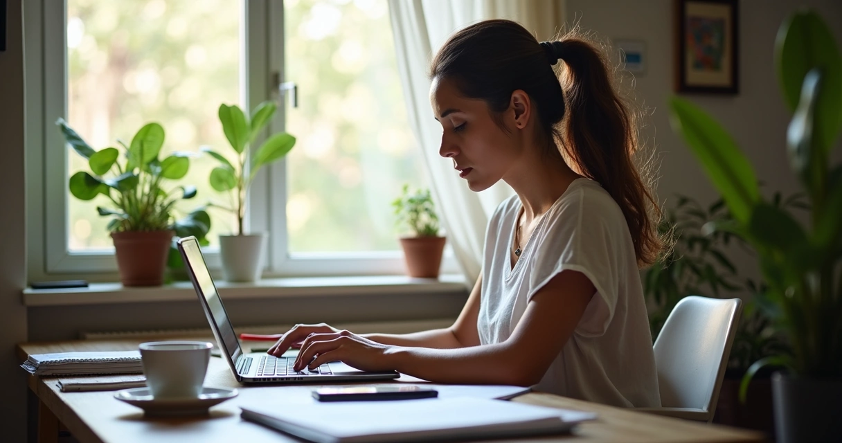 Mulher escrevendo em notebook em ambiente doméstico com anotações pela mesa 